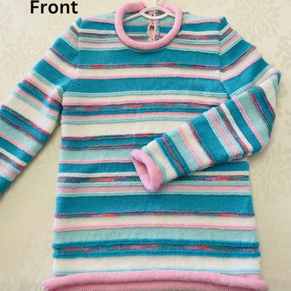 Girl’s size 6 striped, handknitted, woollen jumper, long line, mint green, white, blue, pink and multi mix, rolled cuffs.