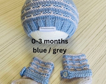 Hand knitted merino wool, bootees and hat set, newborn woollen gift, gender neutral baby set