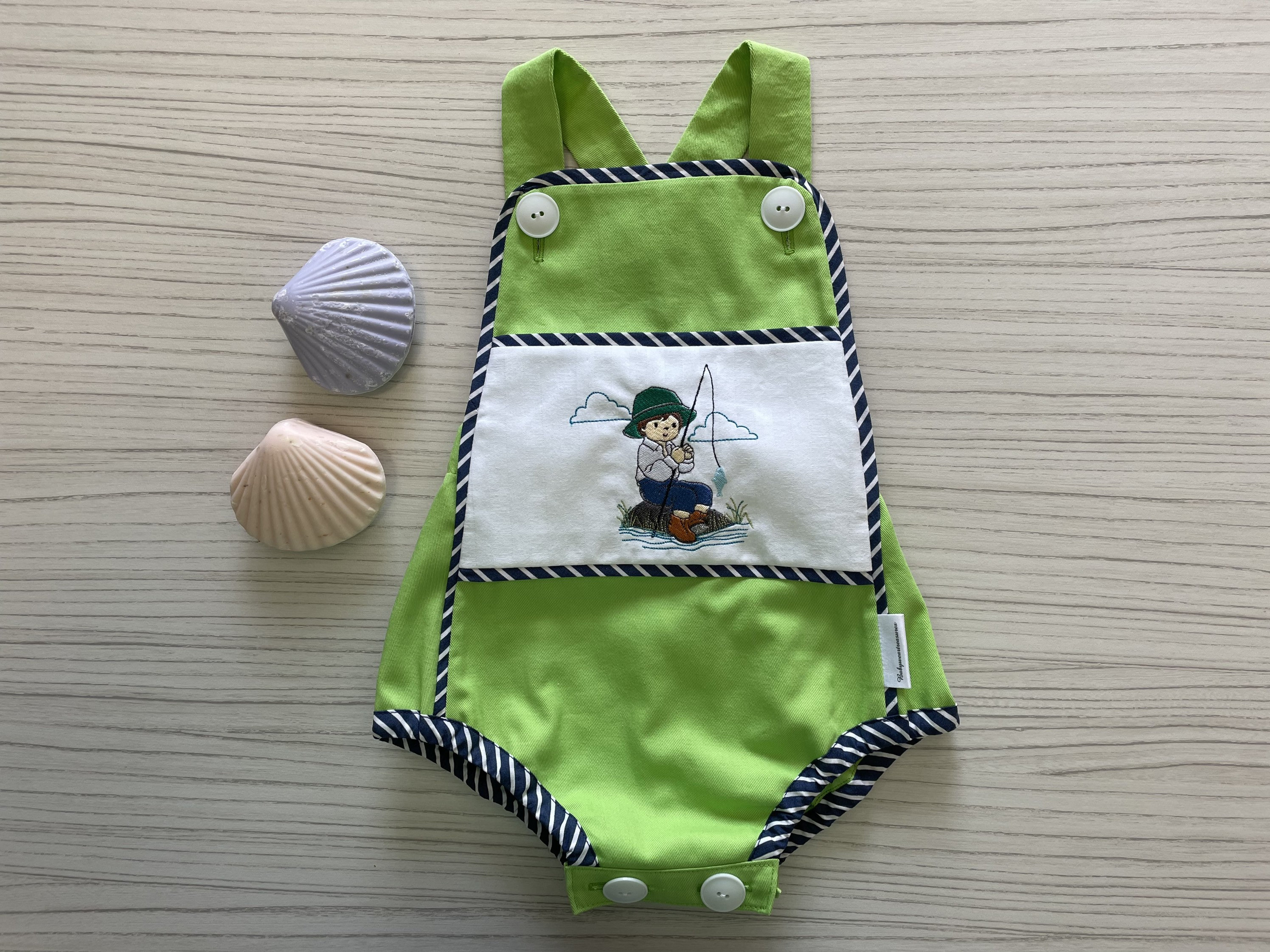 12 Month Baby Boy Fishing Theme Romper, Green, Navy, White. Etsy