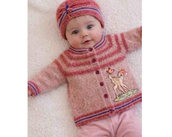 3-6 months, woollen, handknit, neutral colours, baby cardigan and turban hat set, deer applique.