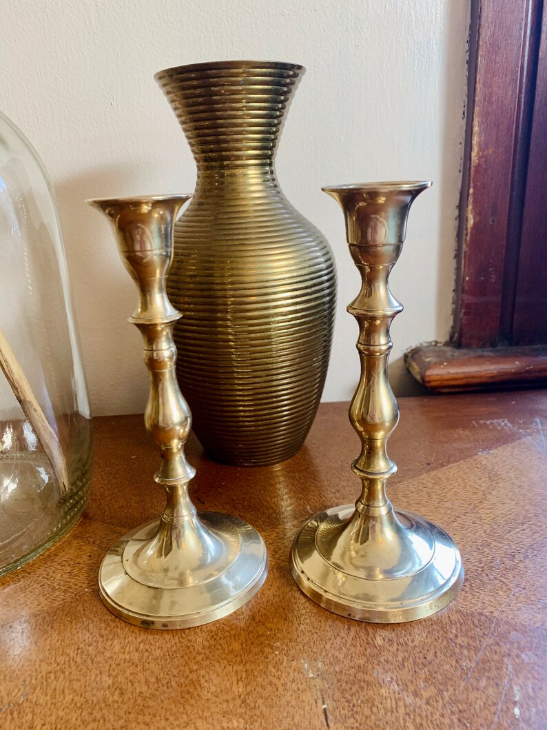 Pair of Tarnished Brass Candlestick Holders Boho Gothic Victorian