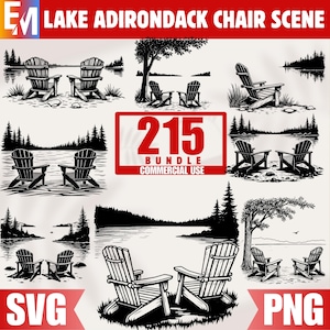 May include: A collection of black and white Adirondack chair scenes, including pairs of chairs near lakes and trees. The image includes the text "LAKE ADIRONDACK CHAIR SCENE", "215 BUNDLE COMMERCIAL USE", "SVG", and "PNG".