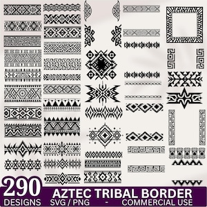 Pode incluir: Uma coleção de 290 designs de bordas tribais astecas em preto e branco. Os designs incluem vários padrões geométricos, linhas e formas, adequados para formatos SVG e PNG. O texto na parte inferior diz "AZTEC TRIBAL BORDER" e "COMMERCIAL USE".