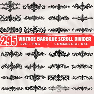 295 Vintage Barock Scroll Divider Bundles för Cricut Ornamental Flourish Border Designs direktnedladdningar