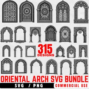 Op de afbeelding: Een verzameling van 315 oosterse boogontwerpen in SVG- en PNG-formaten. De zwart-wit illustraties tonen ingewikkelde patronen en architecturale details, geschikt voor diverse creatieve projecten. De tekst "Oriental Arch SVG Bundle" is zichtbaar.