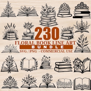 May include: A collection of black and white floral book line art designs. The image features various open and stacked books adorned with flowers and foliage, along with the number "230" and the text "Floral Book Line Art Bundle".