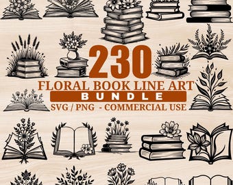 Può includere: Una collezione di disegni di libri floreali in bianco e nero. L'immagine presenta vari libri aperti e impilati adornati con fiori e fogliame, insieme al numero "230" e al testo "Floral Book Line Art Bundle".