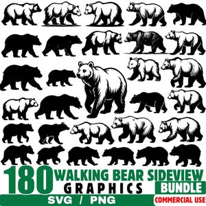 May include: A collection of 180 walking bear sideview graphics in SVG and PNG formats. The images feature black and white illustrations of bears in various poses, with a green banner at the bottom.