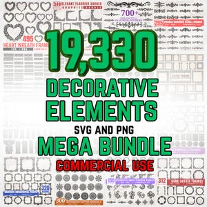 Puede incluir: Un paquete gráfico digital con 19.330 elementos decorativos en formatos SVG y PNG. Incluye marcos de coronas de corazón, divisores de florituras, divisores de desplazamiento barrocos, marcos aztecas, marcos de mandala y más. Para uso comercial.