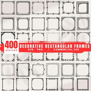 K&ouml;nnte beinhalten: Eine Sammlung von 400 dekorativen rechteckigen Rahmen in Schwarz und Wei&szlig;. Die Rahmen variieren in ihren Stilen, von aufwendigen floralen Mustern bis hin zu einfachen geometrischen Formen. Text auf einem roten Banner: "400 Designs, Decorative Rectangular Frames, SVG - PNG / Commercial Use."