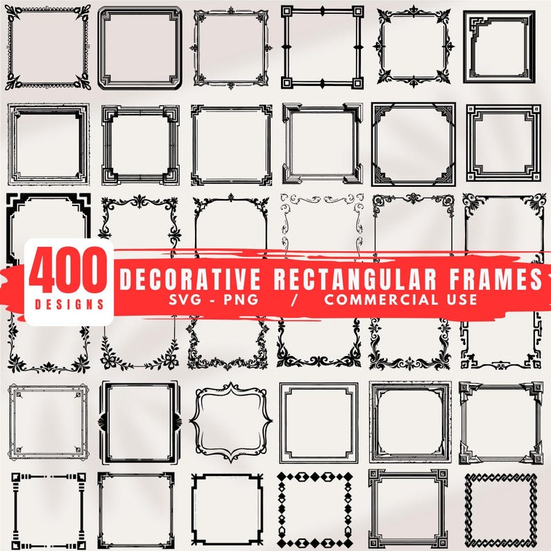K&ouml;nnte beinhalten: Eine Sammlung von 400 dekorativen rechteckigen Rahmen in Schwarz und Wei&szlig;. Die Rahmen variieren in ihren Stilen, von aufwendigen floralen Mustern bis hin zu einfachen geometrischen Formen. Text auf einem roten Banner: "400 Designs, Decorative Rectangular Frames, SVG - PNG / Commercial Use."