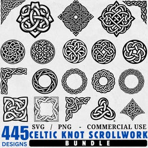 Könnte beinhalten: Eine Sammlung von 445 keltischen Knoten-Scrollwork-Designs in Schwarz und Weiß. Die Designs umfassen verschiedene Formen wie Quadrate, Kreise und Eckstücke mit komplexen, ineinander verschlungenen Mustern. Der Text auf dem Bild lautet "SVG / PNG - COMMERCIAL USE" und "BUNDLE".