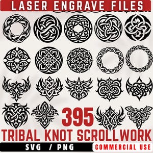 May include: A collection of 20 black tribal knot scrollwork designs in circular and symmetrical shapes. The designs include various Celtic knot patterns and other intricate, swirling motifs. Text at the top reads "LASER ENGRAVE FILES" and at the bottom "TRIBAL KNOT SCROLLWORK 395".