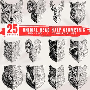 Op de afbeelding: Een verzameling van 25 dierenkopontwerpen, elk in tweeën gesplitst met één kant gedetailleerd en de andere een geometrisch patroon. De dieren zijn onder meer een wolf, ram, hert, wild zwijn, uil, panter, wasbeer, bever, das en tijger.