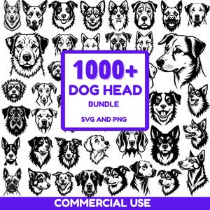 May include: A collection of black and white dog head illustrations. The image includes various dog breeds, with a central purple rectangle that reads "1000+ DOG HEAD BUNDLE SVG AND PNG COMMERCIAL USE".