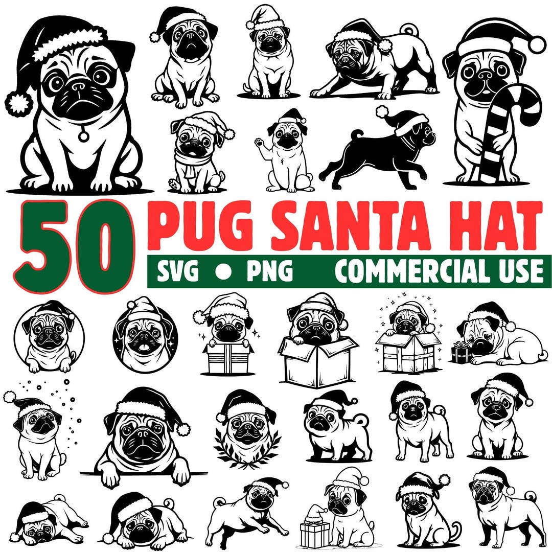 Pug With Santa Hat Bundles Festive Dog Christmas SVG Designs for Crafts ...