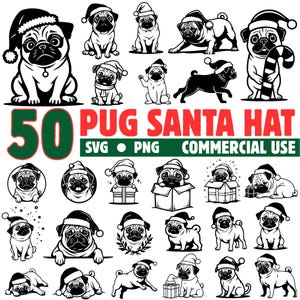 Könnte beinhalten: Eine Sammlung von 50 schwarz-weißen Illustrationen von Möpsen mit Weihnachtsmützen. Der Text "50 PUG SANTA HAT" ist in Rot und Grün dargestellt, darunter "SVG • PNG • COMMERCIAL USE".