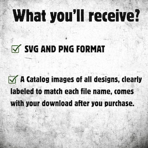 K&ouml;nnte beinhalten: Bild mit dem Text "What you'll receive?" und einer Liste der im Kauf enthaltenen Artikel. Die Liste umfasst SVG- und PNG-Dateien sowie einen Katalog von Designbildern, die eindeutig gekennzeichnet sind.