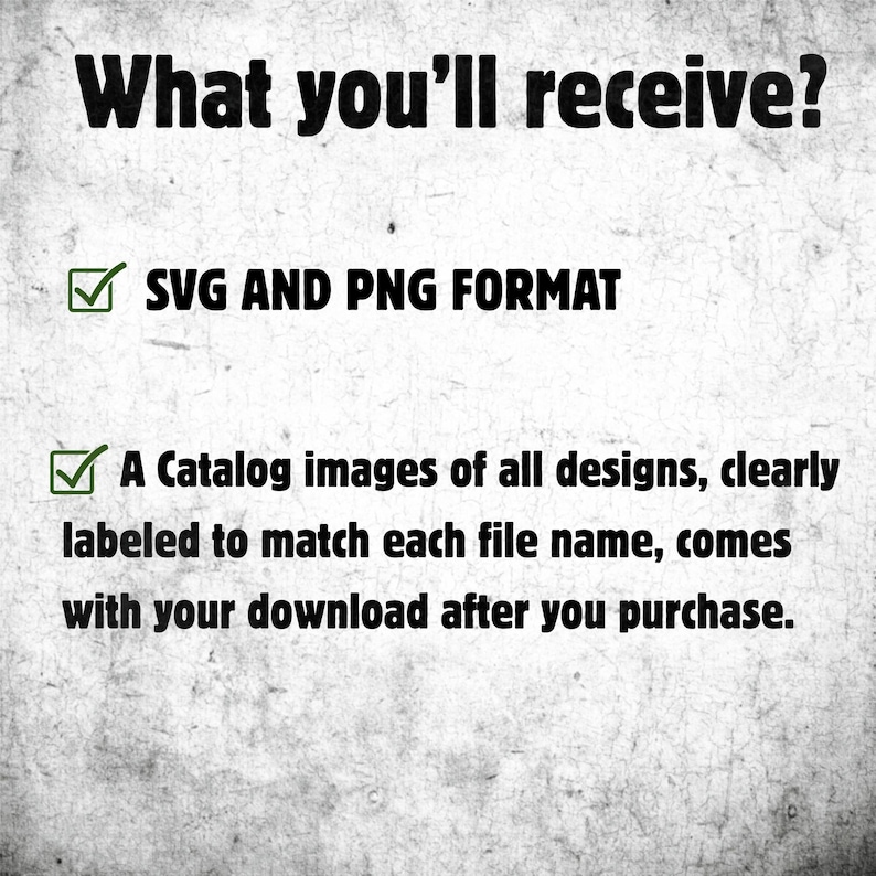 K&ouml;nnte beinhalten: Bild mit dem Text "What you'll receive?" und einer Liste der im Kauf enthaltenen Artikel. Die Liste umfasst SVG- und PNG-Dateien sowie einen Katalog von Designbildern, die eindeutig gekennzeichnet sind.