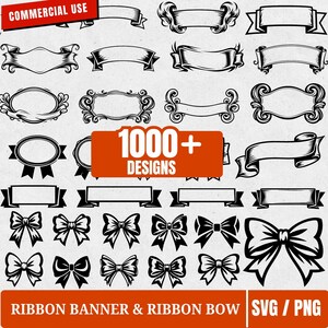 May include: A collection of black and white ribbon banners and bows in various designs. The image includes a variety of shapes, sizes, and styles, with the text "1000+ DESIGNS" in an orange rectangle. The words "RIBBON BANNER & RIBBON BOW SVG / PNG" are at the bottom.