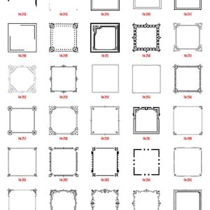 K&ouml;nnte beinhalten: Eine Sammlung von schwarz-wei&szlig;en dekorativen Rahmen in verschiedenen verzierten Stilen. Jeder Rahmen ist quadratisch oder rechteckig, mit aufwendigen Designs, darunter florale und geometrische Muster. Das Bild enth&auml;lt Textbeschriftungen.