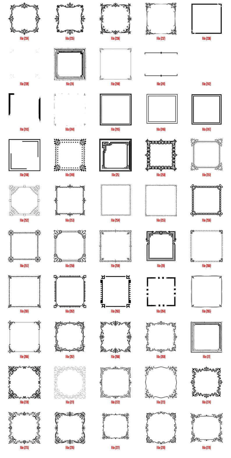 K&ouml;nnte beinhalten: Eine Sammlung von schwarz-wei&szlig;en dekorativen Rahmen in verschiedenen verzierten Stilen. Jeder Rahmen ist quadratisch oder rechteckig, mit aufwendigen Designs, darunter florale und geometrische Muster. Das Bild enth&auml;lt Textbeschriftungen.