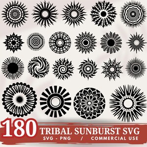 May include: A collection of 180 tribal sunburst SVG designs in black. The designs vary in style, featuring intricate patterns and radial symmetry. The image includes the text "180 TRIBAL SUNBURST SVG" and "SVG - PNG / COMMERCIAL USE".