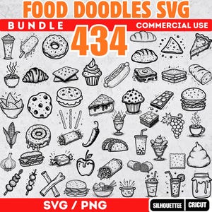 Op de afbeelding: Zwart-wit food doodle bundel met 434 illustraties. Bevat tekeningen van verschillende voedingsmiddelen zoals donuts, pizzapunten, cupcakes, sandwiches en meer. De woorden "FOOD DOODLES SVG BUNDLE" en "COMMERCIAL USE" staan bovenaan.