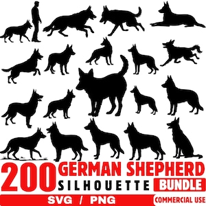 May include: Black German Shepherd silhouette bundle with various poses, including standing, running, and sitting. The image includes the text "200 German Shepherd Silhouette Bundle SVG / PNG Commercial Use."