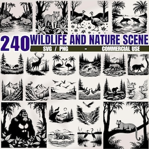 Peut inclure: Une collection de 240 illustrations en noir et blanc de scènes de la faune et de la nature aux formats SVG et PNG. Les images représentent divers animaux et paysages, dont des tigres, des ours, des cerfs et des scènes de montagne. Le texte indique une utilisation commerciale.