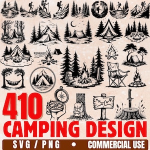 May include: A selection of 410 camping designs in black and white, featuring tents, campfires, trees, hikers, compasses, and other outdoor illustrations. The text "410 CAMPING DESIGN" is displayed in red.