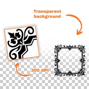K&ouml;nnte beinhalten: Schwarz-wei&szlig;e dekorative Designelemente. Eines ist eine quadratische Fliese mit Eckdesign, das andere ein quadratischer Rahmen. Das Bild enth&auml;lt den Text "Transparent background" und "300 DPI".