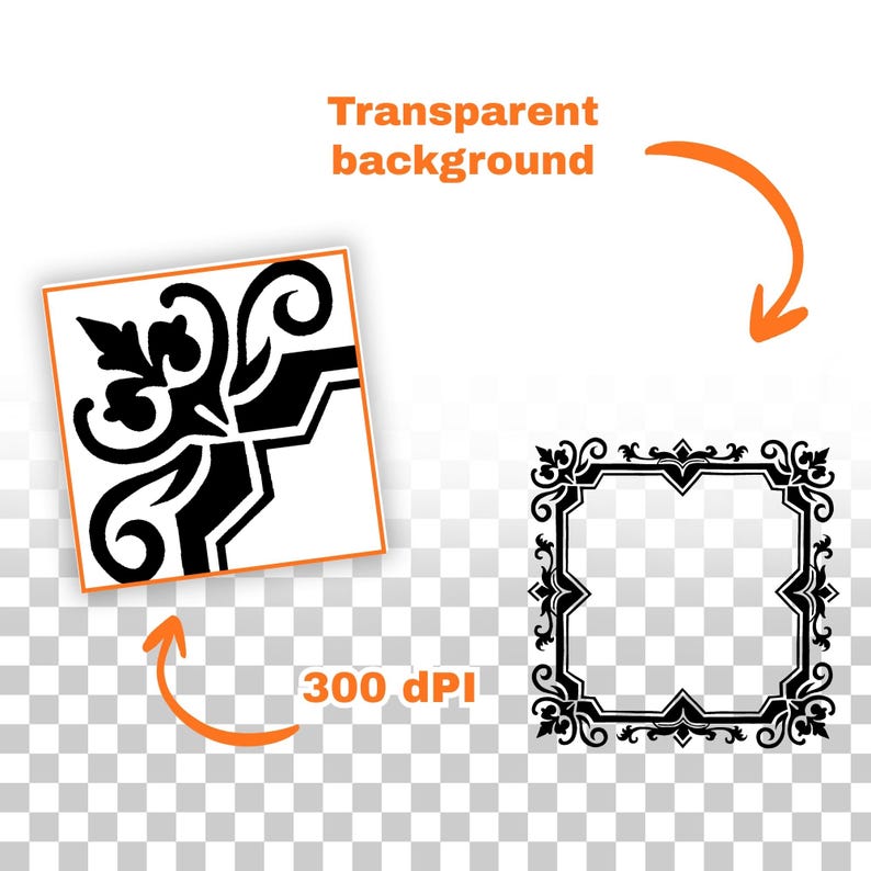 K&ouml;nnte beinhalten: Schwarz-wei&szlig;e dekorative Designelemente. Eines ist eine quadratische Fliese mit Eckdesign, das andere ein quadratischer Rahmen. Das Bild enth&auml;lt den Text "Transparent background" und "300 DPI".