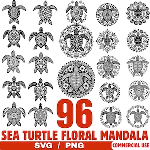 Puede incluir: Una colección de 96 diseños de tortugas marinas en blanco y negro en un estilo mandala floral. La imagen incluye varias ilustraciones de tortugas con intrincados patrones florales, y el texto "SEA TURTLE FLORAL MANDALA" y "SVG / PNG".