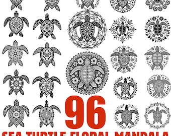 May include: A collection of 96 black and white sea turtle designs in a floral mandala style. The image includes various turtle illustrations with intricate floral patterns, and the text "SEA TURTLE FLORAL MANDALA" and "SVG / PNG".