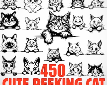 May include: A collection of 16 black and white illustrations of cute cats peeking over a white surface. The image includes the text "450 CUTE PEEKING CAT" in orange, with "SVG / PNG" and "COMMERCIAL USE" below.