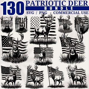 Puede incluir: Una colección de ilustraciones patrióticas en blanco y negro de ciervos. Cada imagen presenta un ciervo con grandes astas, a menudo acompañado de una bandera estadounidense. El texto en la parte superior dice "130 PATRIOTIC DEER BUNDLE SVG / PNG - COMMERCIAL USE."