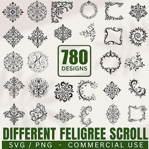 Könnte beinhalten: Eine Sammlung von 780 schwarzen Filigran-Scroll-Designs in verschiedenen Formen, darunter florale und geometrische Muster. Die Designs werden auf hellem Hintergrund angezeigt, mit dem Text "DIFFERENT FELIGREE SCROLL" und "SVG / PNG - COMMERCIAL USE" unten.