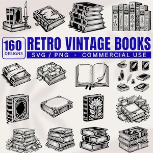 May include: Black and white illustrations of retro vintage books. The image includes stacks of books, open books, and individual books with decorative covers. Text in the image reads "160 DESIGNS RETRO VINTAGE BOOKS SVG / PNG - COMMERCIAL USE."