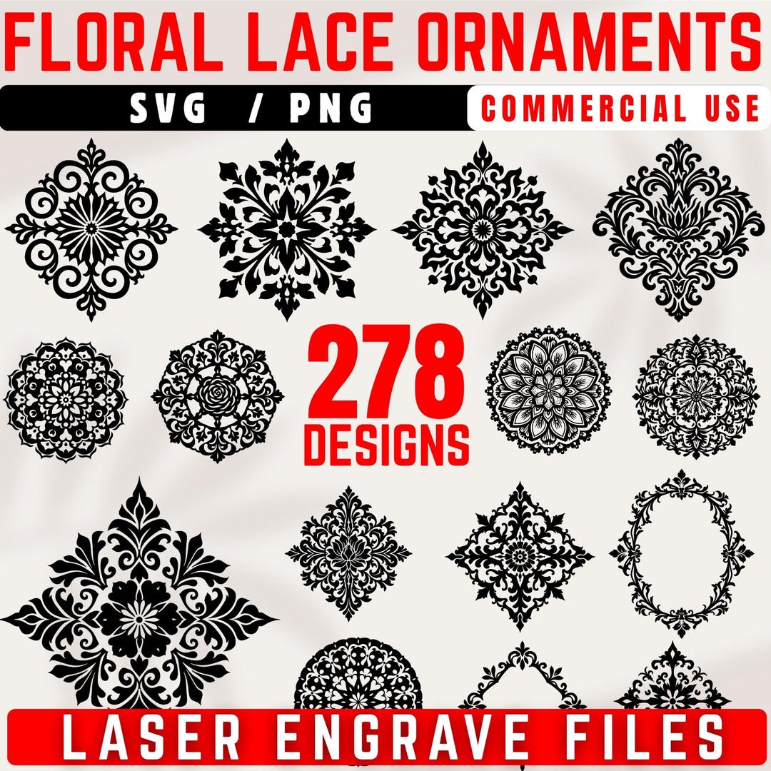 Floral Lace Ornaments SVG Bundle: Laser Engrave Wood Craft Designs (278 ...