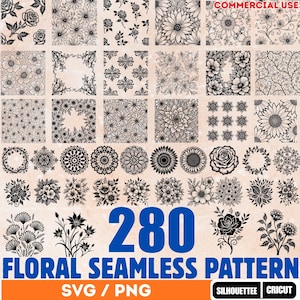 Może przedstawiać: Kolekcja 280 bezszwowych wzorów kwiatowych w czerni i bieli. Wzory obejmują różne wzory kwiatów, wieńce i elementy dekoracyjne. Obraz zawiera również tekst "FLORAL SEAMLESS PATTERN" i "SVG / PNG".