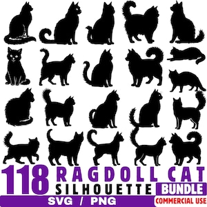 Puede incluir: Una colección de 18 siluetas de gatos negros en varias poses. La imagen incluye el texto "118 RAGDOLL CAT SILHOUETTE BUNDLE SVG / PNG USO COMERCIAL" en texto morado y blanco sobre un fondo morado.