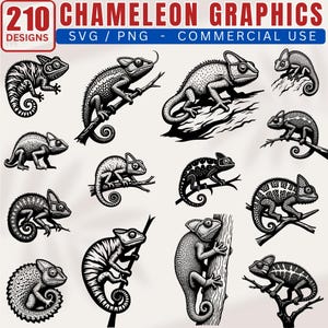 May include: A set of 210 monochrome chameleon illustrations, depicted in diverse positions such as clinging to branches and tree trunks. Available in SVG and PNG formats, these graphics are for commercial use. The text "CHAMELEON GRAPHICS" is at the top.