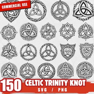 May include: A collection of twenty black and white digital illustrations featuring various Celtic trinity knot designs arranged in a grid. The text COMMERCIAL USE is in a red banner, and 150 CELTIC TRINITY KNOT SVG / PNG is at the bottom.