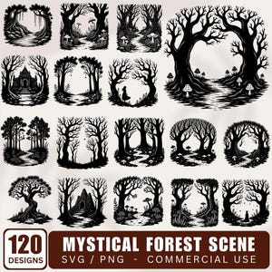May include: A collection of 120 black and white mystical forest scene designs. The designs include various tree silhouettes, pathways, and whimsical elements. The text at the bottom reads "MYSTICAL FOREST SCENE SVG / PNG - COMMERCIAL USE".