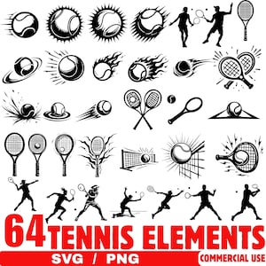 Peut inclure: Illustrations graphiques en noir et blanc sur le thème du tennis, comprenant des balles, des raquettes et des joueurs. L'image présente divers designs de balles de tennis avec des effets de mouvement, avec le texte "64 TENNIS ELEMENTS" en rouge.