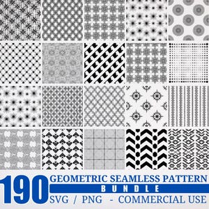 May include: A grid of 20 geometric seamless patterns in black and white. The patterns include various shapes like stars, squares, and chevrons. Text at the bottom reads "190 Geometric Seamless Pattern Bundle SVG / PNG - Commercial Use."
