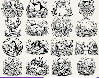 Quirky Sea Animals Bundle SVG PNG Cute Ocean Creature Craft Files instant downloads