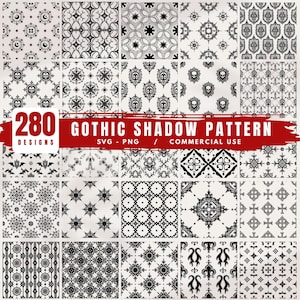 May include: A collection of 280 Gothic shadow pattern designs in black and white. The patterns include skulls, stars, shields, and other gothic-inspired motifs. The image includes the text "Gothic Shadow Pattern" and "Commercial Use".