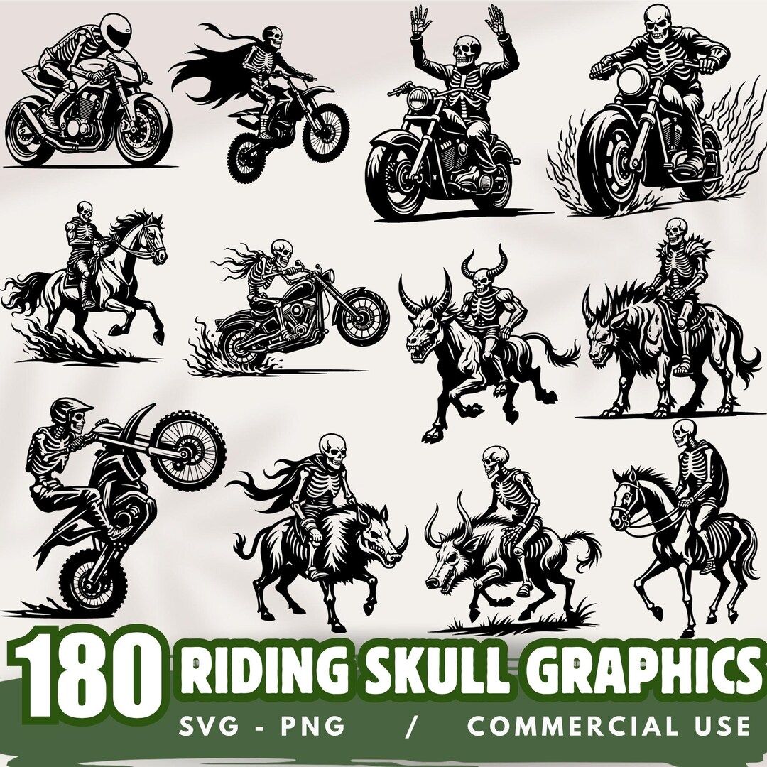 Riding Skull Riding Skeleton Graphics Bundle Svg & Png Bundle for Biker ...